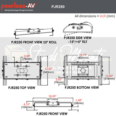 Peerless-AV Dedicated Heavy Duty Projector Mount PJR250, heavy-duty projector mount dimensions diagram