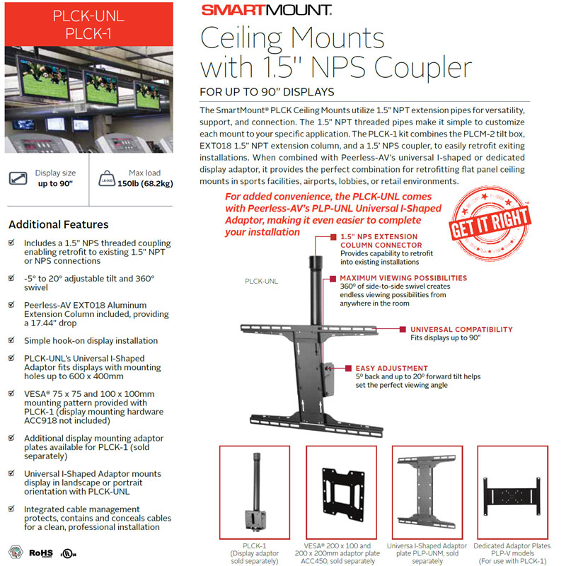 Peerless-AV Large Universal TV Ceiling Mount PLCK-UNL, multi-display ceiling mount feature overview