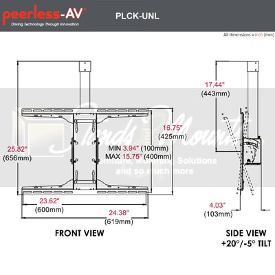 Peerless-AV Large Universal TV Ceiling Mount PLCK-UNL, tilting wall mount technical dimensions diagram