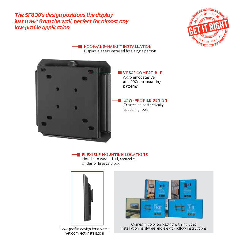 Peerless-AV SmartMount Small Flat TV Mount SF630P, low-profile wall mount labeled installation features
