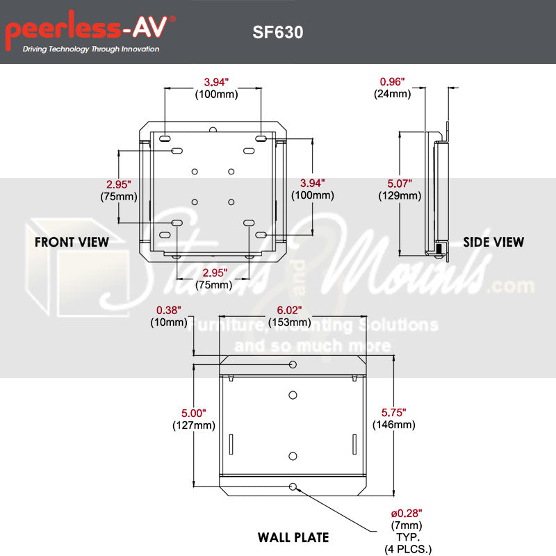 Peerless-AV SmartMount Small Flat TV Mount SF630P, compact wall plate front and side dimensions