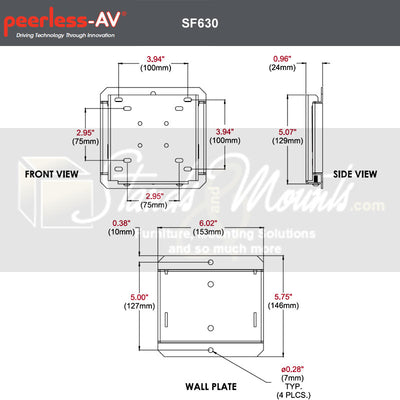 Peerless-AV SmartMount Small Flat TV Mount SF630P, compact wall plate front and side dimensions
