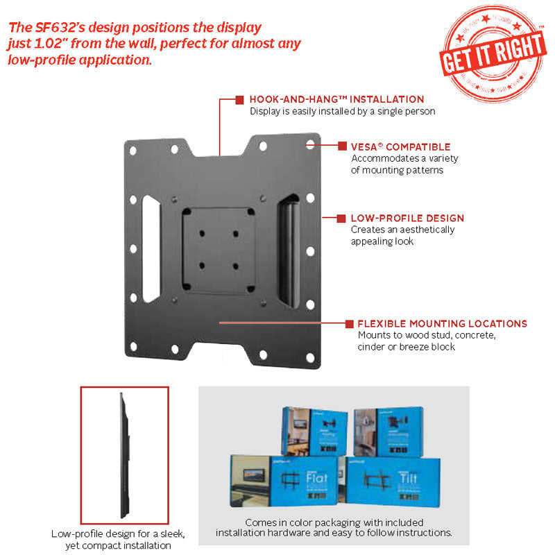 Peerless-AV SmartMount Medium Flat TV Mount SF632P, low-profile wall mount feature diagram