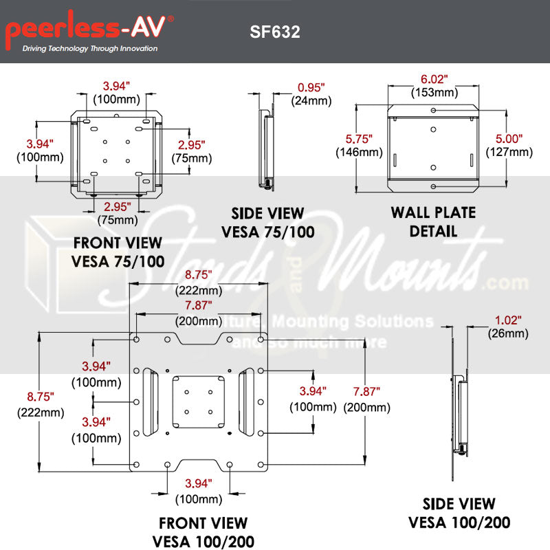 Peerless-AV SmartMount Medium Flat TV Mount SF632P, low-profile wall mount technical dimensions