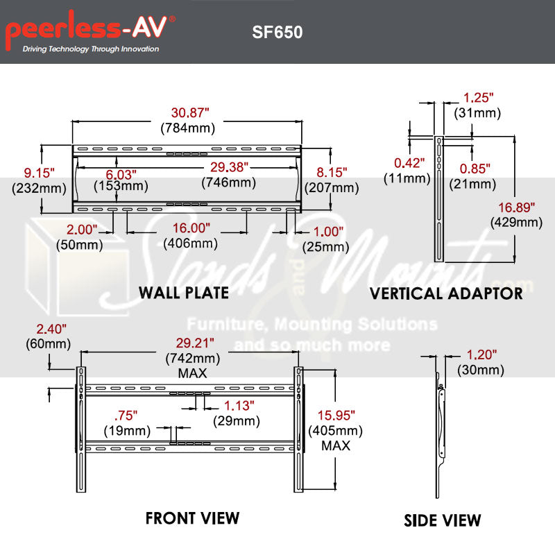 Peerless-AV SmartMount Large Flat TV Mount SF650P, flat display wall mount dimensions diagram