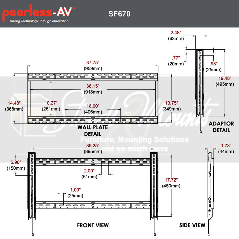 Peerless-AV SmartMount XL Flat TV Mount SF670P, pull-out television wall mount dimensions diagram