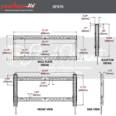 Peerless-AV SmartMount XL Flat TV Mount SF670P, pull-out television wall mount dimensions diagram