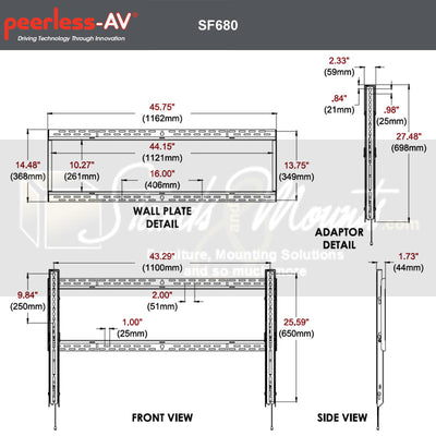 Peerless-AV SmartMount XXL Flat TV Mount SF680P, wall mount dimensions diagram
