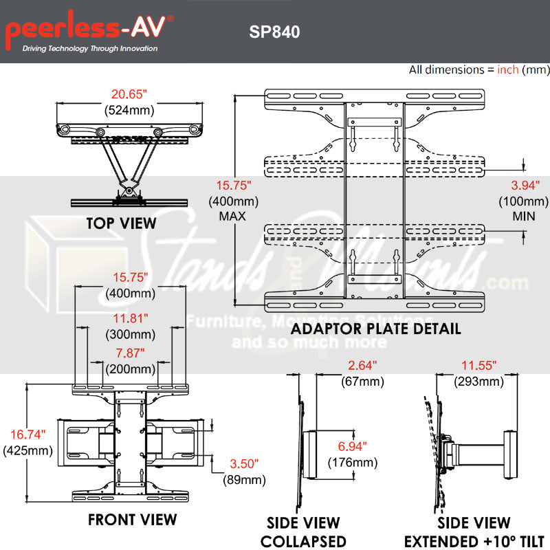 Peerless-AV Large Pull-Out Pivot TV Mount SP840, full-motion TV wall mount dimensions diagram