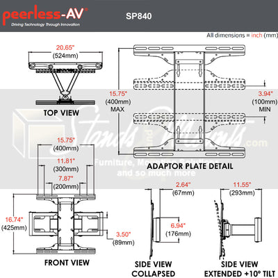 Peerless-AV Large Pull-Out Pivot TV Mount SP840, full-motion TV wall mount dimensions diagram