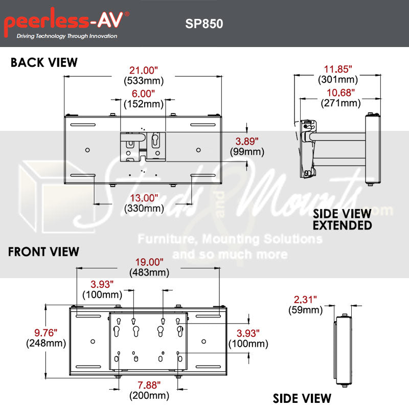 Peerless-AV XL Pull-Out Pivot TV Mount SP850P, pull-out television wall mount dimensions diagram