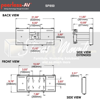 Peerless-AV XL Pull-Out Pivot TV Mount SP850P, pull-out television wall mount dimensions diagram