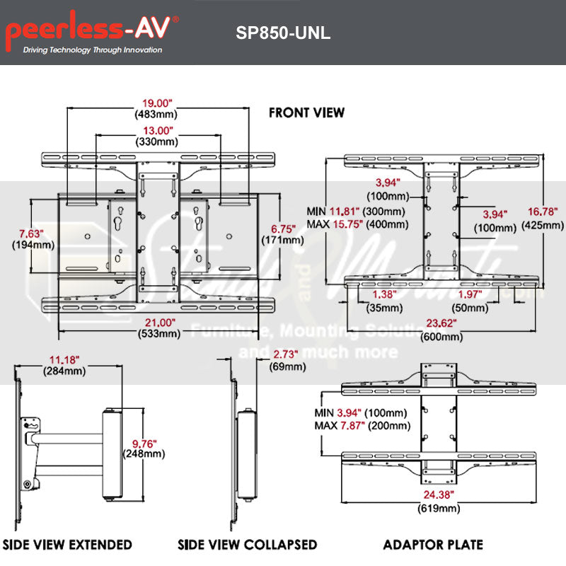 Peerless-AV XL Pull-Out Pivot TV Mount SP850-UNLP, articulating wall mount technical dimensions