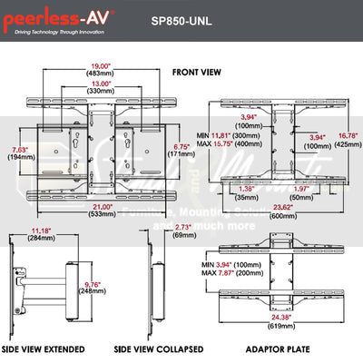 Peerless-AV XL Pull-Out Pivot TV Mount SP850-UNLP, articulating wall mount technical dimensions