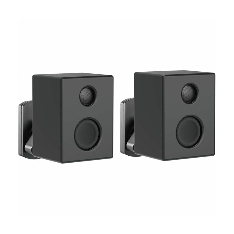 Peerless-AV Universal Swivel Wall Speaker Mounts SPK812, pair of black speakers attached to swivel wall mounts