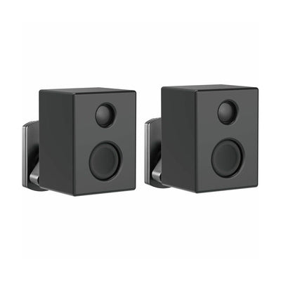 Peerless-AV Universal Swivel Wall Speaker Mounts SPK812, pair of black speakers attached to swivel wall mounts