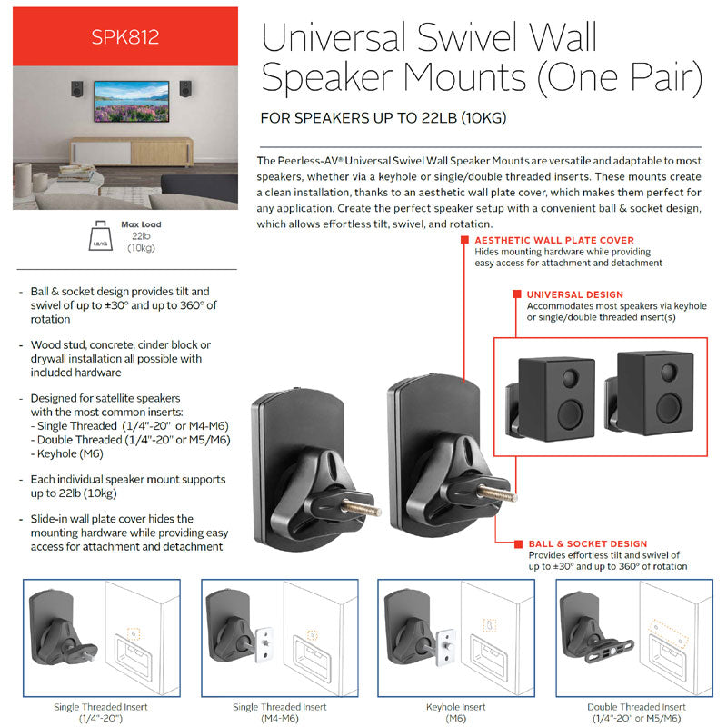 Peerless-AV Universal Swivel Wall Speaker Mounts SPK812, universal swivel speaker wall mount feature overview