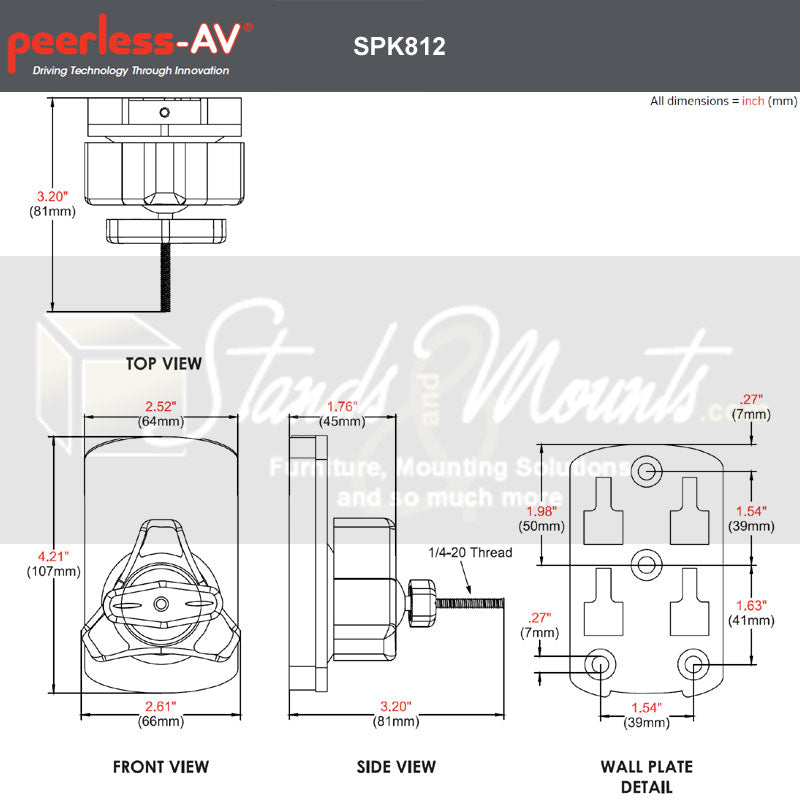 Peerless-AV Universal Swivel Wall Speaker Mounts SPK812, speaker wall mount technical dimensions from multiple views