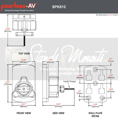 Peerless-AV Universal Swivel Wall Speaker Mounts SPK812, speaker wall mount technical dimensions from multiple views