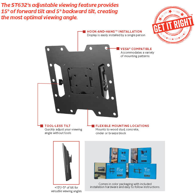 Peerless-AV SmartMount Medium Tilt TV Mount ST632P, tilting wall mount feature diagram
