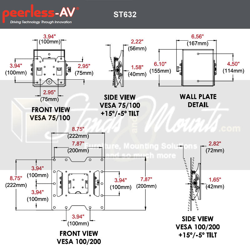 Peerless-AV SmartMount Medium Tilt TV Mount ST632P, tilting wall mount technical dimensions