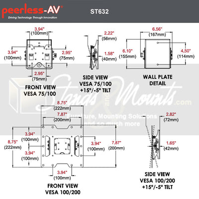 Peerless-AV SmartMount Medium Tilt TV Mount ST632P, tilting wall mount technical dimensions