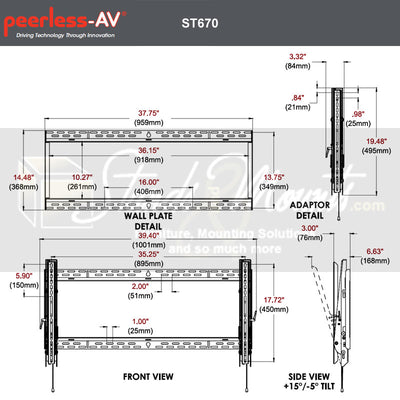 Peerless-AV SmartMount XL Tilt TV Mount ST670P, tilting wall mount technical dimensions diagram