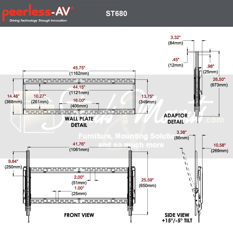 Peerless-AV SmartMount XXL Tilt TV Mount ST680P, tilting display wall mount dimensions diagram