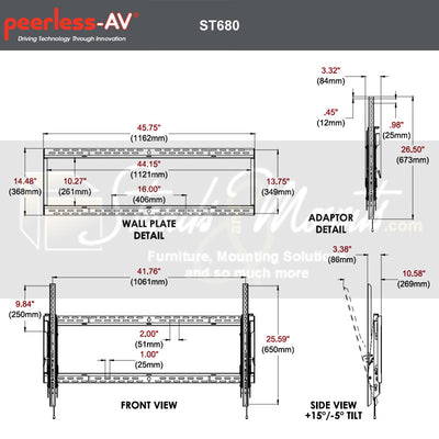 Peerless-AV SmartMount XXL Tilt TV Mount ST680P, tilting display wall mount dimensions diagram
