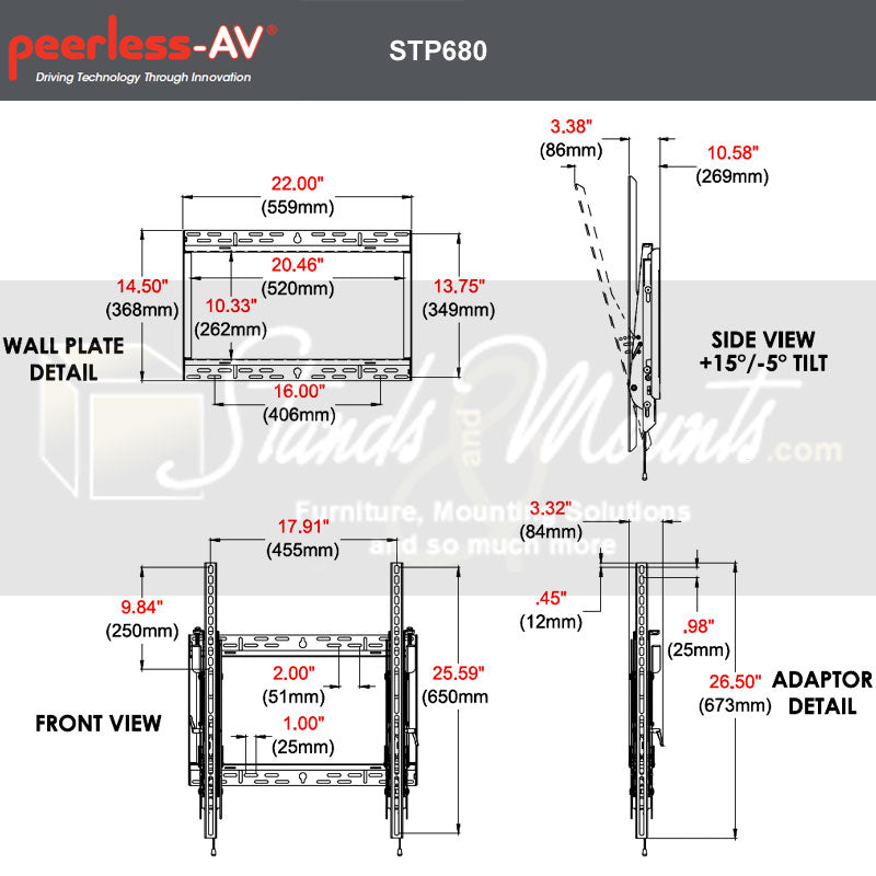 Peerless-AV SmartMount XL Tilt TV Mount STP680, tilt wall mount technical dimensions diagram