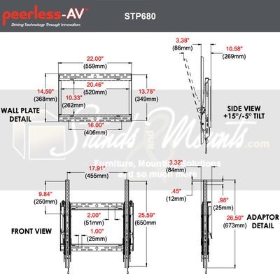Peerless-AV SmartMount XL Tilt TV Mount STP680, tilt wall mount technical dimensions diagram