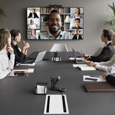 Peerless-AV XXL Scissor Tilt Wall Mount Bundle STS680-2UCM3, scissor wall mount installed conference room view