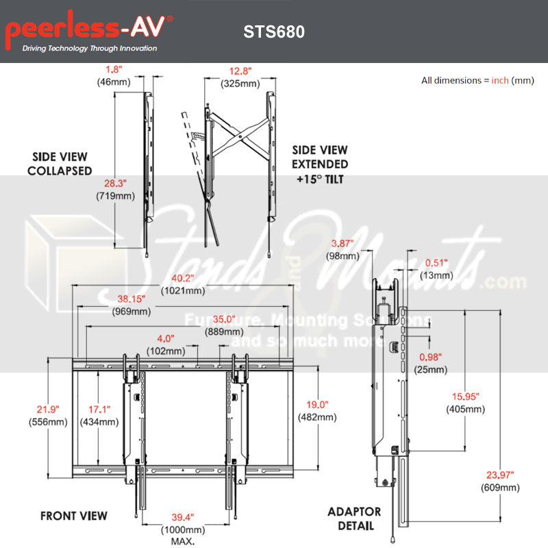 Peerless-AV XXL Scissor Tilt Wall Mount Bundle STS680-2UCM3, scissor wall mount dimensions diagram