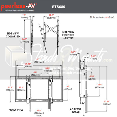 Peerless-AV XXL Scissor Tilt Wall Mount Bundle STS680-2UCM3, scissor wall mount dimensions diagram