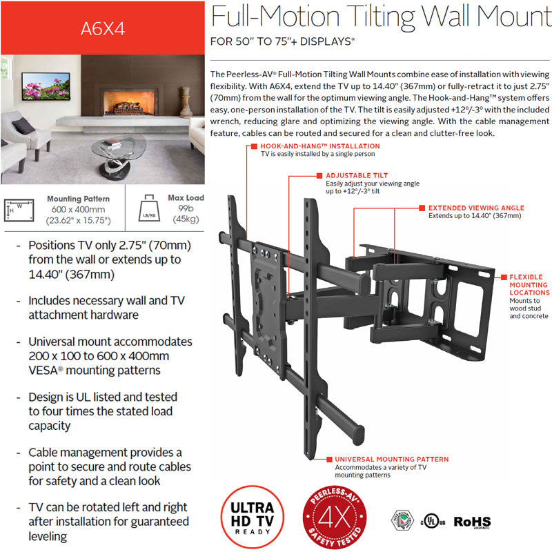 Peerless-AV XL Full Motion TV Wall Mount A6X4, articulating wall mount features diagram