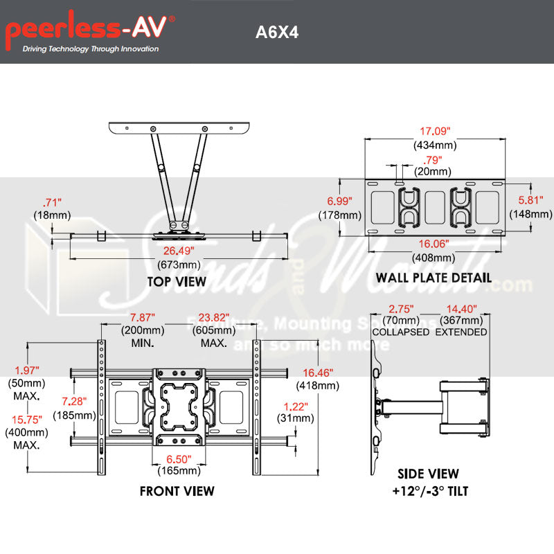 Peerless-AV XL Full Motion TV Wall Mount A6X4, articulating wall mount technical dimensions diagram