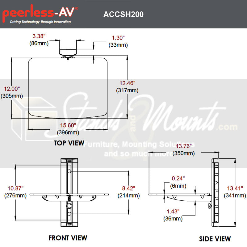 Peerless-AV Single Audio Video Glass Wall Shelf ACCSH200, column-mounted accessory shelf technical dimensions
