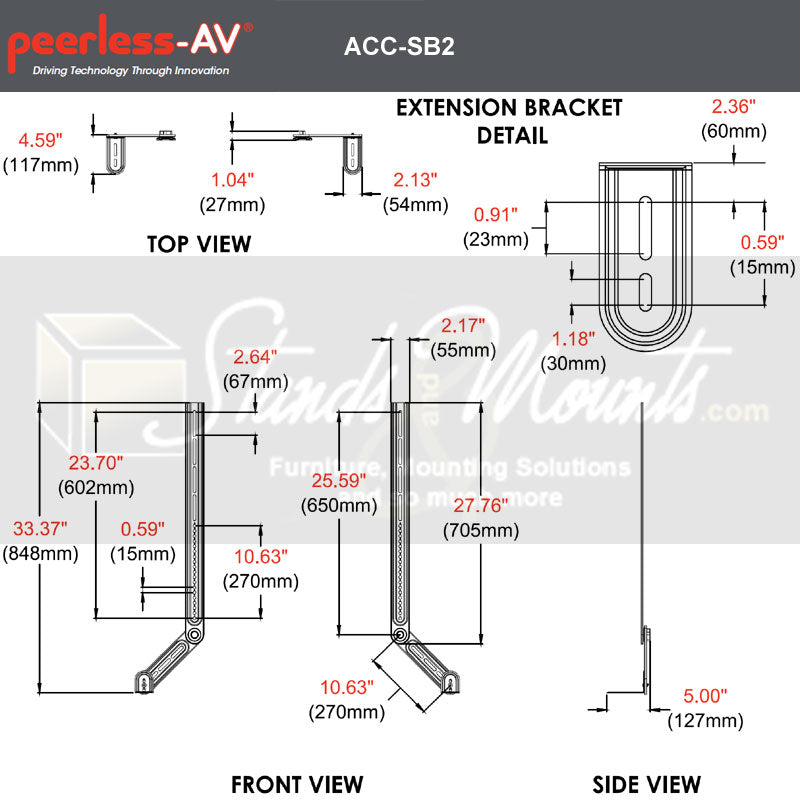 Peerless-AV Universal UC/VC Soundbar Mount ACC-SB2, soundbar extension bracket dimensions diagram