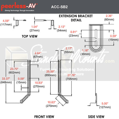 Peerless-AV Universal UC/VC Soundbar Mount ACC-SB2, soundbar extension bracket dimensions diagram