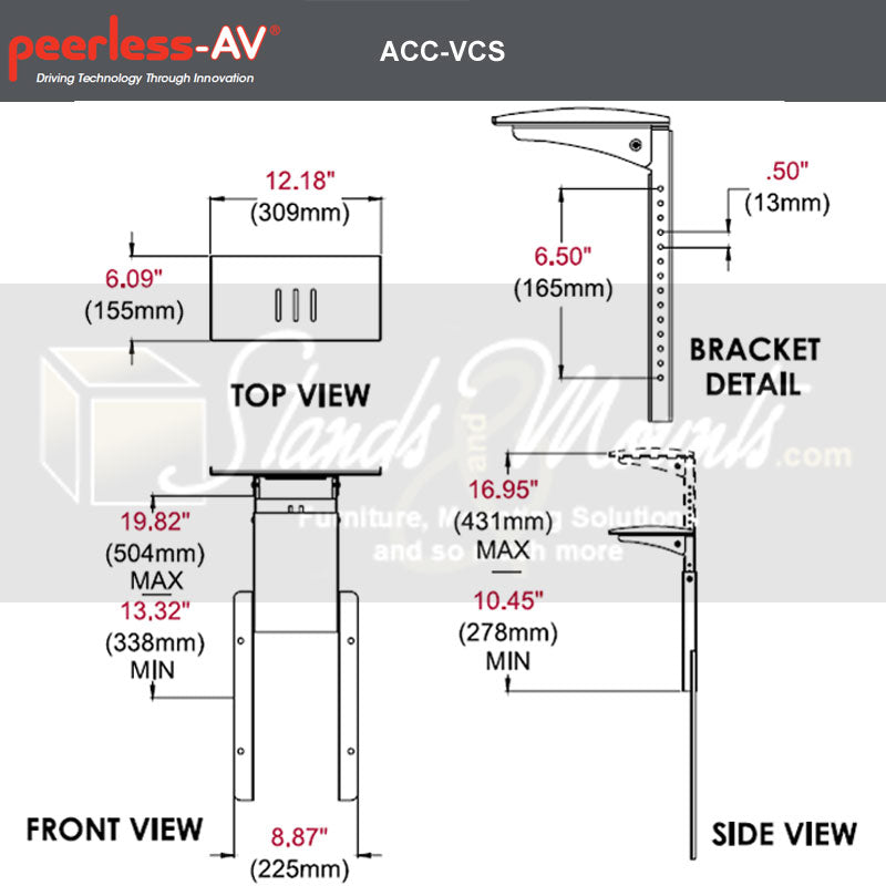 Peerless-AV Video Conferencing Camera Shelf ACC-VCS, video-conferencing display mount dimensions diagram