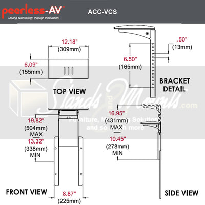 Peerless-AV Video Conferencing Camera Shelf ACC-VCS, video-conferencing display mount dimensions diagram