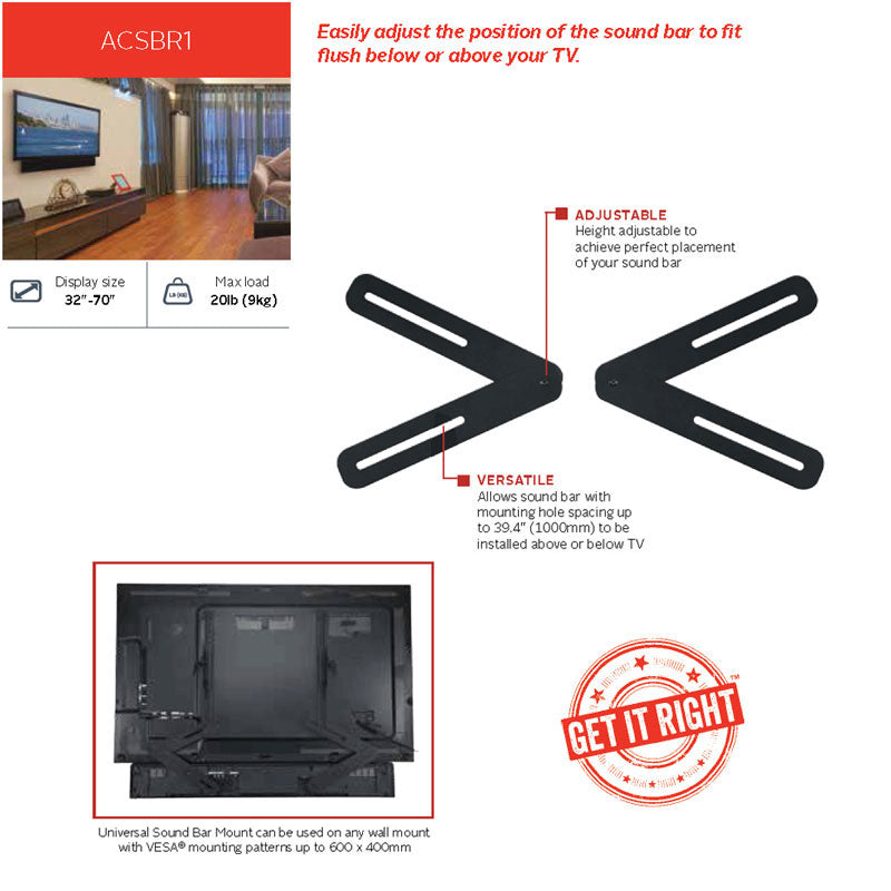 Peerless-AV Universal Sound Bar Mounting Kit ACSBR1, soundbar mounting brackets adjustment diagram