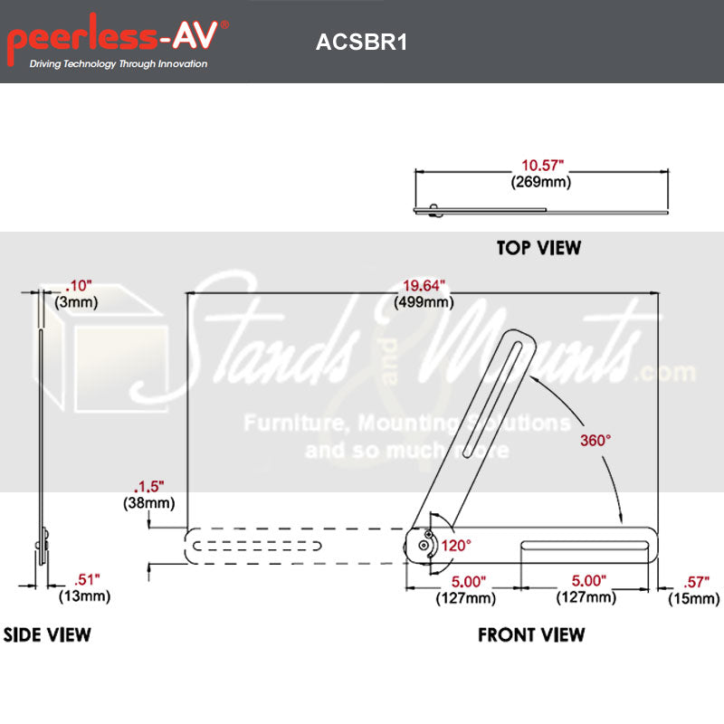 Peerless-AV Universal Sound Bar Mounting Kit ACSBR1, soundbar mounting brackets dimensions diagram