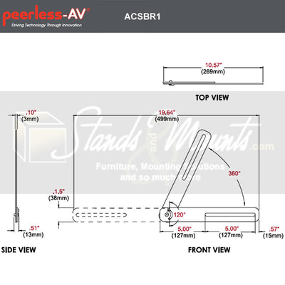 Peerless-AV Universal Sound Bar Mounting Kit ACSBR1, soundbar mounting brackets dimensions diagram