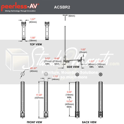 Peerless-AV Universal Sound Bar Mount Kit ACSBR2, soundbar mounting bracket dimensions diagram