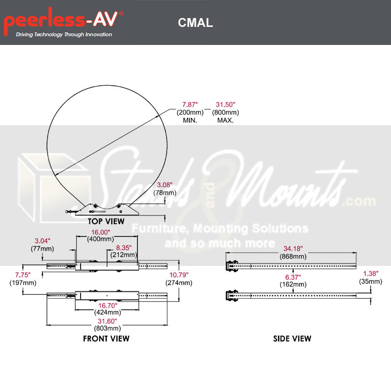 Peerless-AV Round Column Display Mount CMAL, ceiling adapter plate technical dimensions diagram