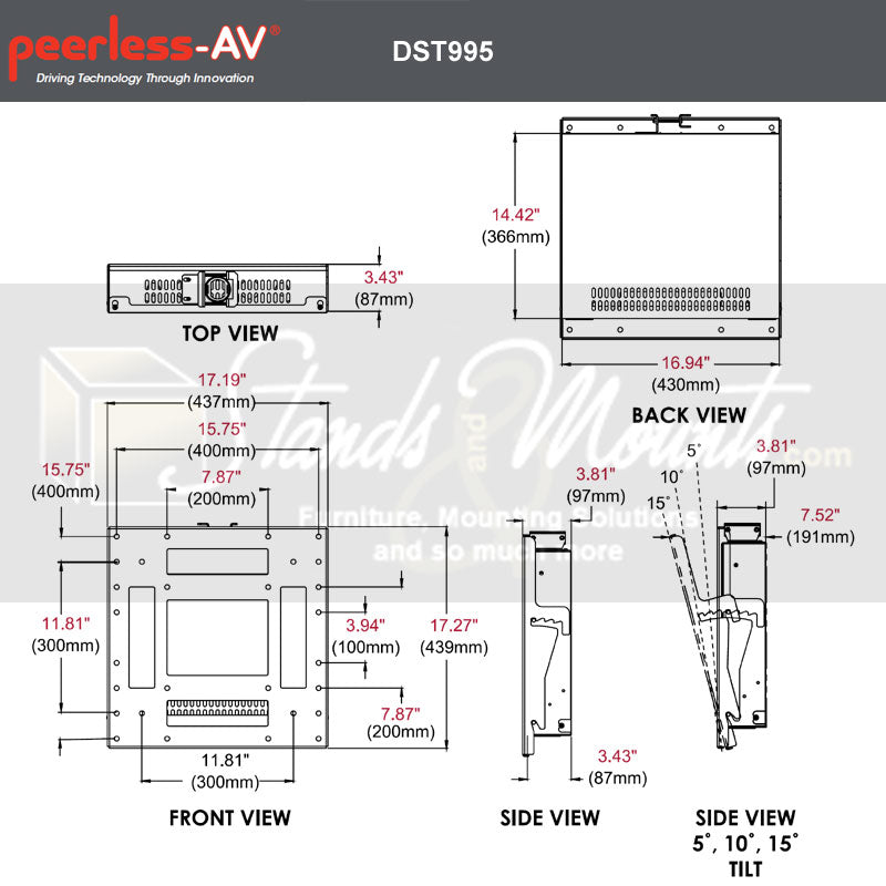 Peerless-AV SmartMount TV Ceiling Mount DST995, display wall mount dimensions diagram