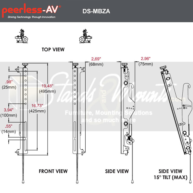 Peerless-AV Menu Board Adapters DS-MBZA, media player wall mount dimensions diagram