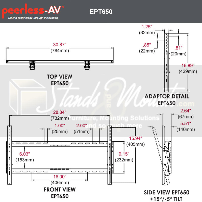 Peerless-AV Large Universal Tilt TV Wall Mount EPT650, tilting TV wall mount dimensions diagram