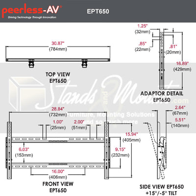 Peerless-AV Large Universal Tilt TV Wall Mount EPT650, tilting TV wall mount dimensions diagram